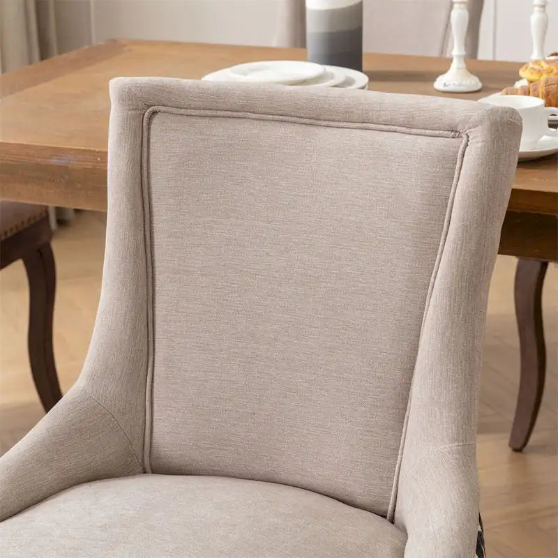 Chaise de salle à manger en tissu dossier haut noir / beige+noir, détails cloutés, pieds en bois massif, lot de 2