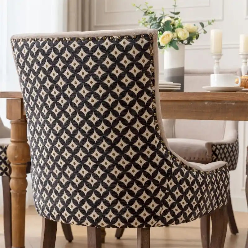 Chaise de salle à manger en tissu dossier haut noir / beige+noir, détails cloutés, pieds en bois massif, lot de 2