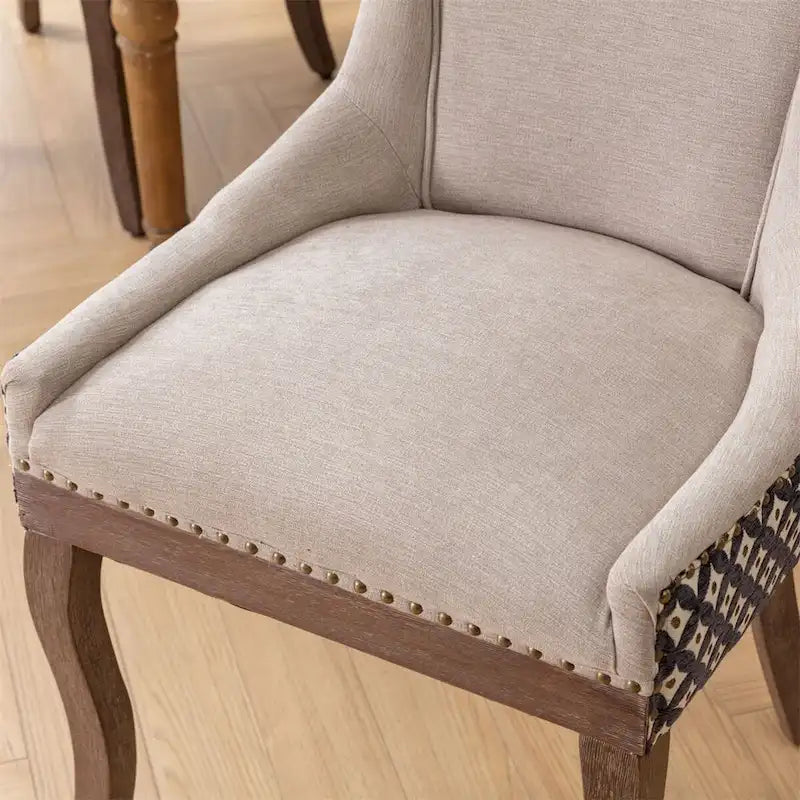 Chaise de salle à manger en tissu dossier haut noir / beige+noir, détails cloutés, pieds en bois massif, lot de 2