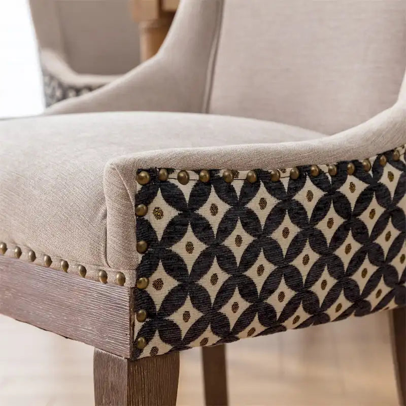 Chaise de salle à manger en tissu dossier haut noir / beige+noir, détails cloutés, pieds en bois massif, lot de 2