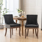 Chaise de salle à manger en tissu dossier haut noir / beige+noir, détails cloutés, pieds en bois massif, lot de 2