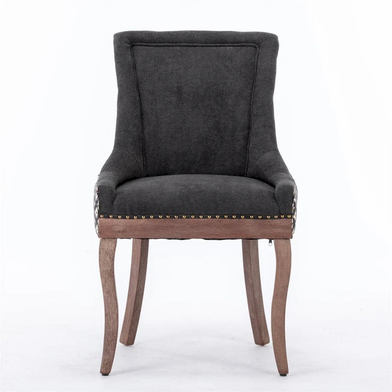 Chaise de salle à manger en tissu dossier haut noir / beige+noir, détails cloutés, pieds en bois massif, lot de 2