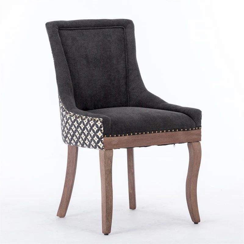 Chaise de salle à manger en tissu dossier haut noir / beige+noir, détails cloutés, pieds en bois massif, lot de 2