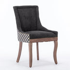 Chaise de salle à manger en tissu dossier haut noir / beige+noir, détails cloutés, pieds en bois massif, lot de 2