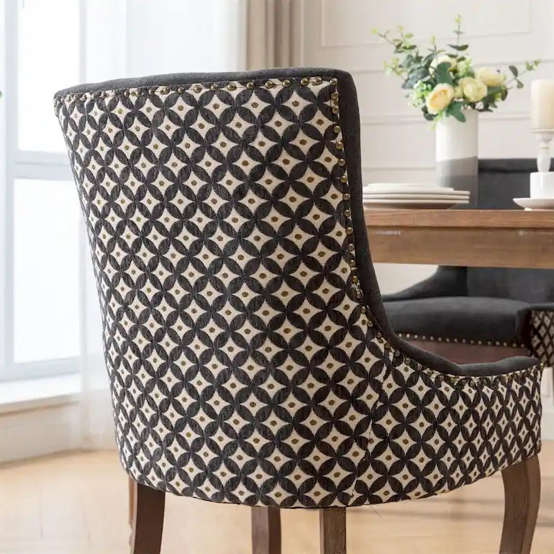 Chaise de salle à manger en tissu dossier haut noir / beige+noir, détails cloutés, pieds en bois massif, lot de 2