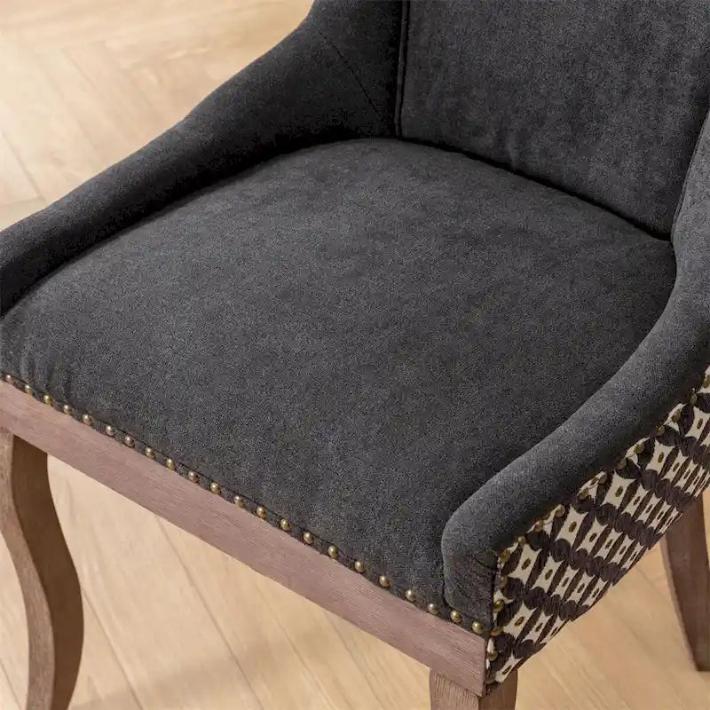 Chaise de salle à manger en tissu dossier haut noir / beige+noir, détails cloutés, pieds en bois massif, lot de 2